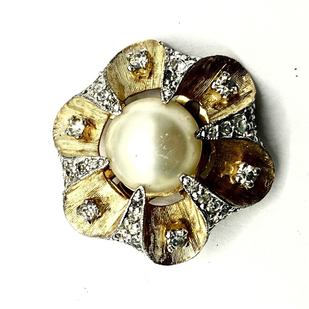 Rare Vintage Jomaz Brooch Earrings Set Gold Tone Crystal Faux Pearl Floral Clip - Picture 2 of 9